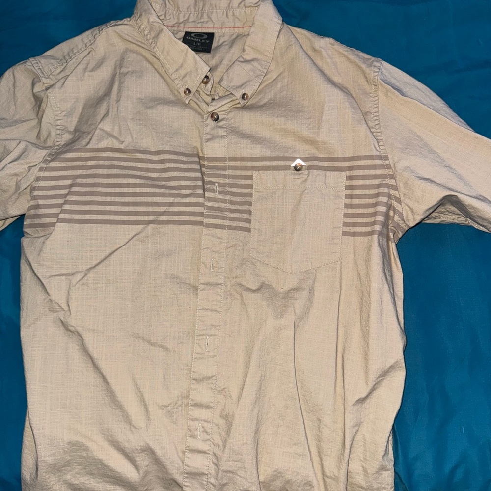 Oakley Tan Casual Button Down Shirt with Modern Stripes